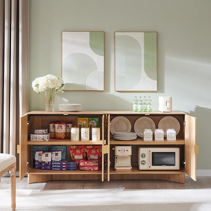 IFGET Modern Buffet Cabinet with Storage, 70" Large Sideboard Buffet Storage Cabinet with 4 Doors and Adjustable Shleves, Wooden Curved Coffee Bar for Dining Room, Kitchen, Living Room, Natural Oak