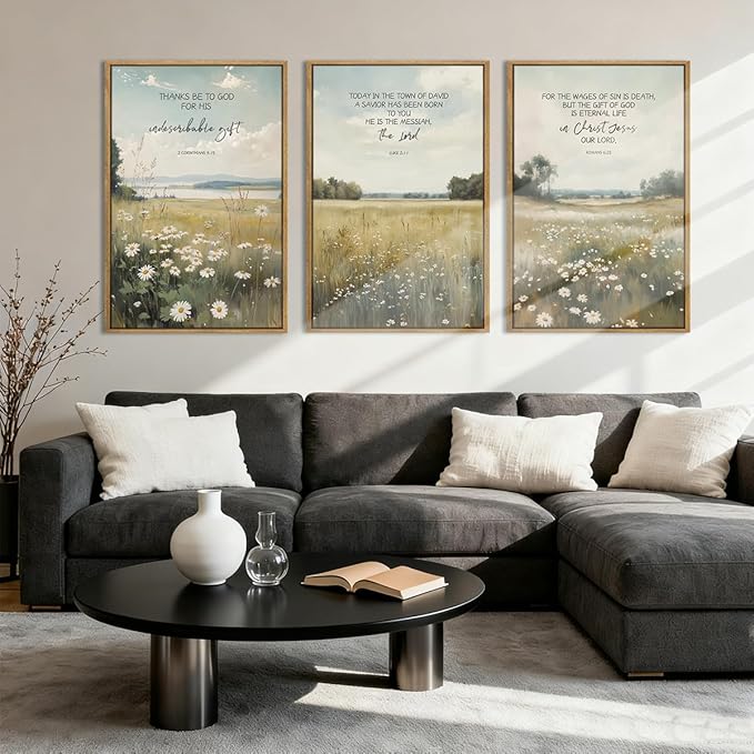 Anyzal Extra Large Framed Christian Wall Art 24x36 Inch Easter Bible Verse Canvas Artwork Scripture Wildflower Landscape Wall Decor for Living Room Bedroom Dining Room Set of 3