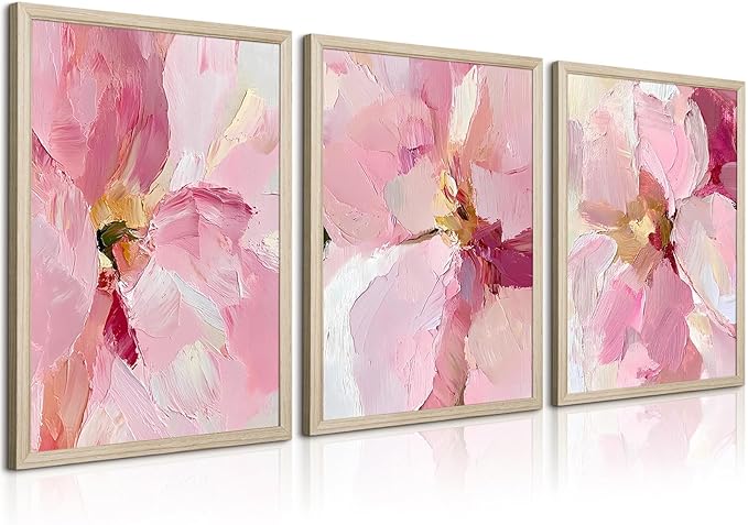 Abstract Floral Wall Art Pink Flower Canvas Pictures Modern Wall Decor Blush Pastel Pink Prints Peony Painting Minimalist Poster Botanical Artwork for Bedroom Living Room 16x24x3 Inch Wood Framed