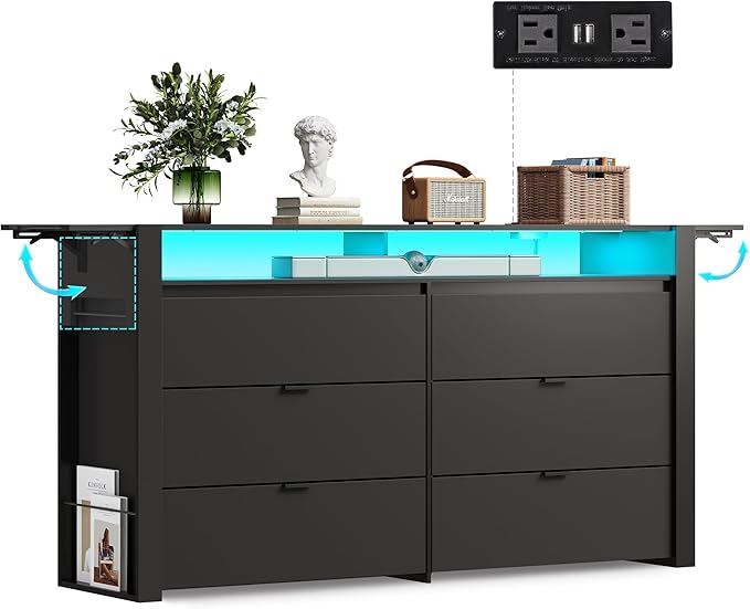 WLIVE 78 Inch LED Dresser for Bedroom, Black Dresser with Charging Station, Large Chest of Drawers Expandable with Flexible Shelves and Hanging Rack, Wood Dressers for Closet, Living Room (85" TV)
