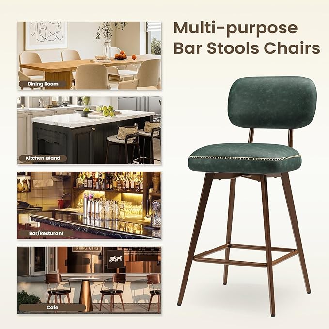 MALOL 26“ Swivel Bar Stools Set of 6, Mid Century PU Leather Counter Height Bar Chairs with Low Back and Metal Legs, Modern Bar Stool Chair for Kitchen Island, Green