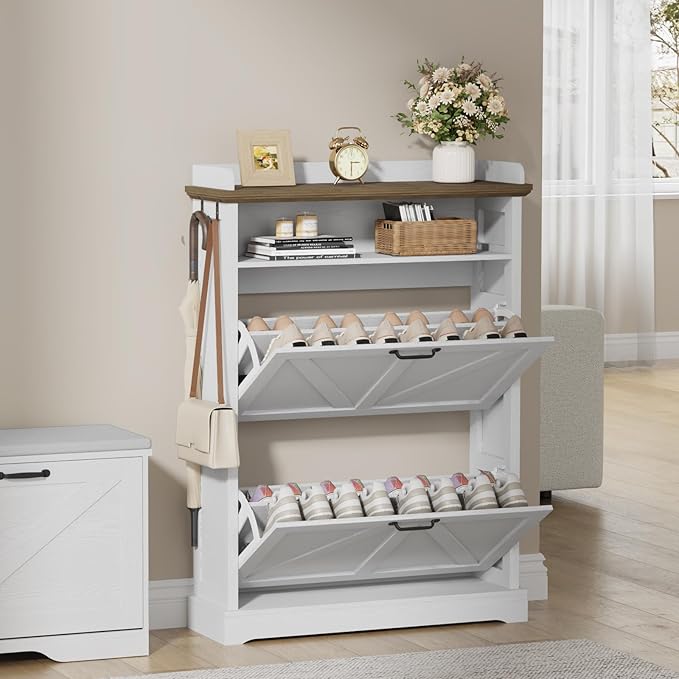 Shoe Cabinet with 2 Flip Drawers, Farmhouse Narrow Shoe Cabinet Organizer with Double-Layer Top, Freestanding entryway organizer with adjustable shelves and hooks, for, Foyer, Hallway, White