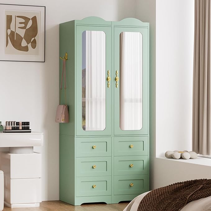 Armoire Wardrobe Closet, Green Bedroom Armoires Cabinet with Mirror Door and 6 Drawers, 69.5" H Wood Clothing Storage Cabinet with Hanging Rod & Sensor Light for Bedroom-(Left+Right)