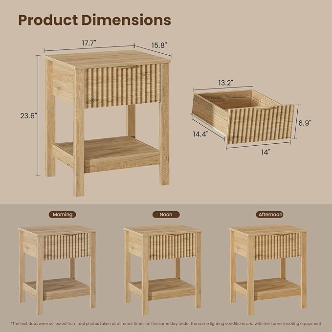 Fluted Night Stand with Golden Handle,Set of 2 Mid-Century Nightstands with Drawer, Bedside Table with Storage Shelf,Large Wood End Tables for Livingroom,Bed Side Tables for Bedroom, Natrual Oak