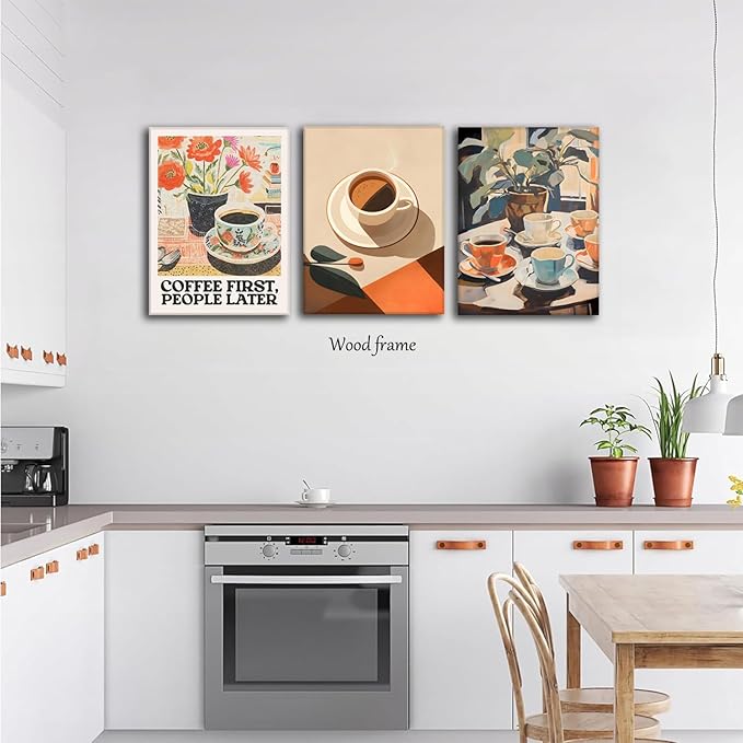 Vintage Coffee Kitchen Canvas Wall Art Set of 3, Fashion Aesthetic Flowers Espresso Poster Picture, Simple Travel Drinks Wall Decor Painting Prints for Dining Room Cafe Bar 12x16 Inch Framed