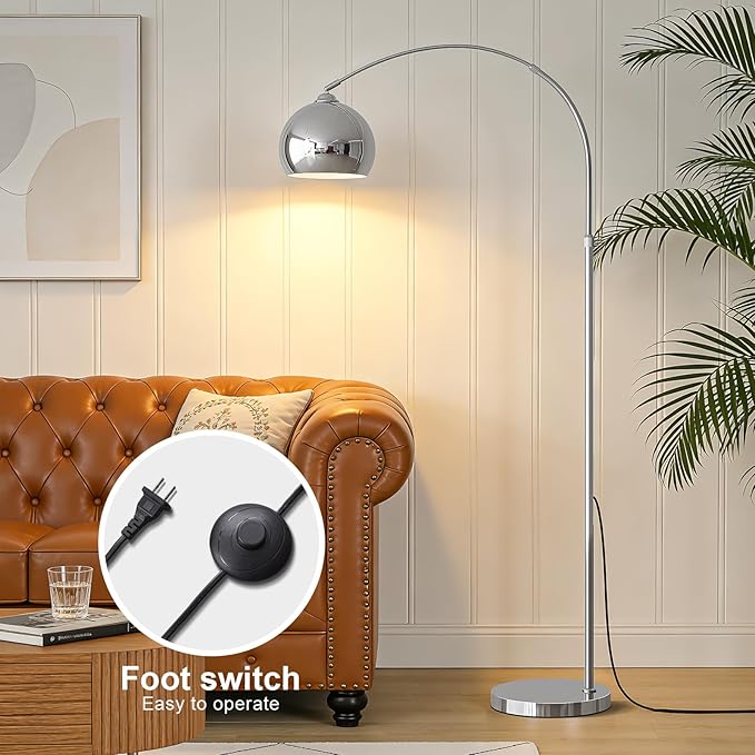 Glossy Silver Arc Floor Lamp 71" Tall, Dimmable 12W LED Smart Standing Lamp with Remote, 360° Rotatable Adjustable Height & Span, Modern Floor Lamp for Living Room, Bedroom, Office, Library