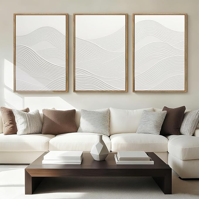 Anyzal Extra Large Framed White Textured Wall Art 24x36 Inch Neutral Abstract Modern Canvas Wall Decor Minimalist Waves Artwork for Living room Dining room Bedroom Set of 3