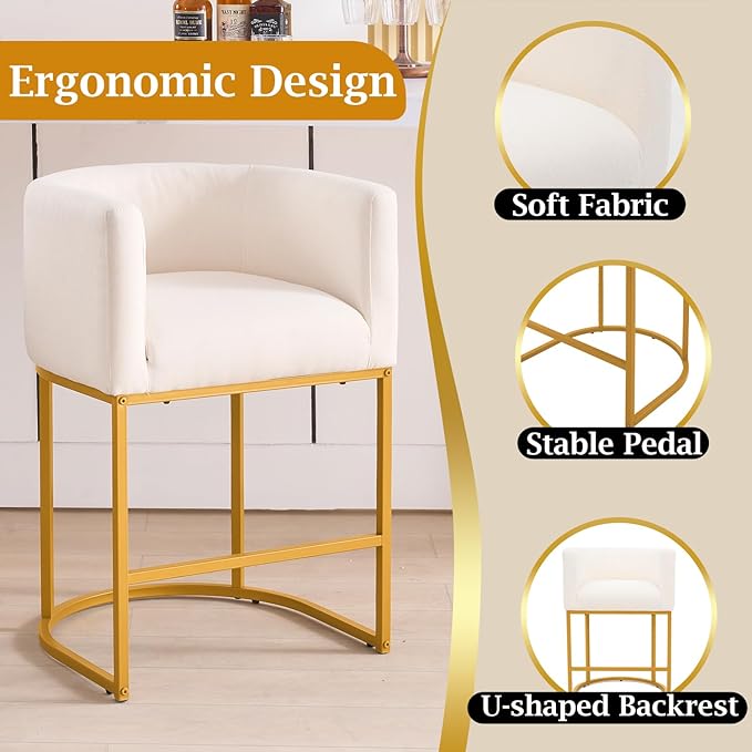ClinQ 26" H Counter Height Bar Stools Set of 6, Modern Barrel Counter Stools with Backrest and Arms, Gold Metal Frames, Linen Fabric Upholstered Accent Barstools for Kitchen Island, Beige