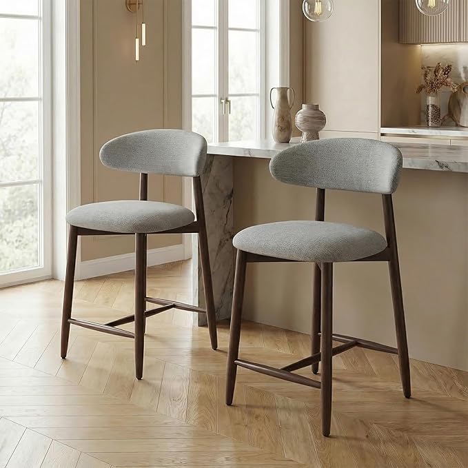 Bar Stools Set of 2, 25.6″ Counter Height Bar Stools with Wood Legs, Upholstered Modern Kitchen Barstools for Kitchen Island Dining Room Bar, Light Grey