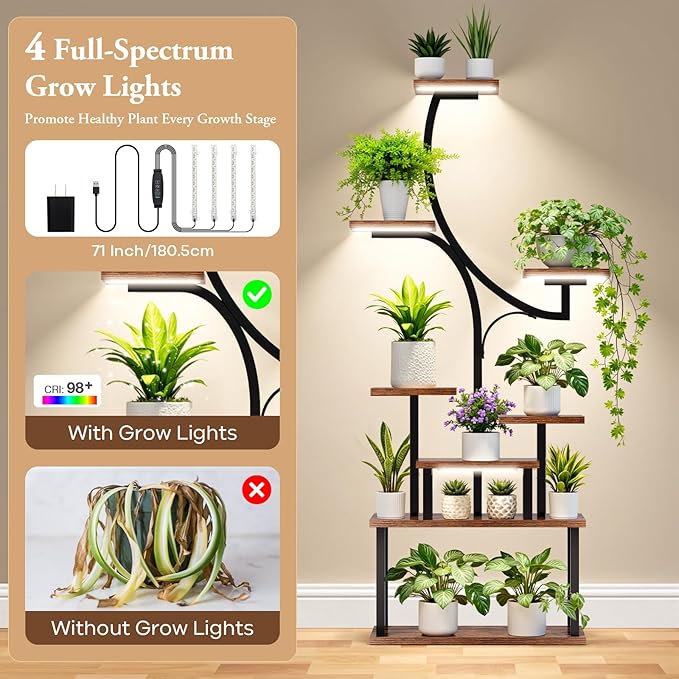 softeen Plant Stand Indoor with 4 Grow Lights & 3 Colors, 8 Tiered Corner Plant Shelf, 63" Tall Plant Stands for Indoor Plants Multiple, Metal Flower Display Shelves Holder for Home(Dark Black)