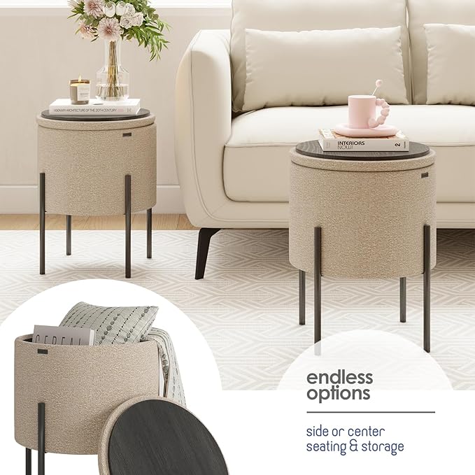 STORAGEBUD Round Ottoman with Storage, Boucle Storage Foot Stool, Makeup Vanity Stool, Small Ottoman Foot Rest, Modern Ottomans for Living Room and Bedroom, Beige