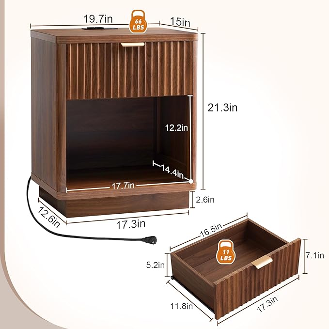 Nasonet Fluted Nightstand with Charging Station, Wood Modern Night Stands Storage Cabinet for Bedroom, Walnut Bedside Table with Drawers