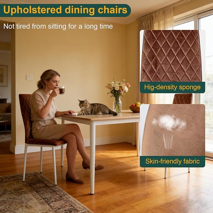 Dining Chairs Set of 2, Velvet Comfortable Seats, Mid-Century Modern Living Room Chairs, Upholstered Kitchen Chairs with Mental Legs and Padded Seat for Bedroom Office Easy Assembly, Brown