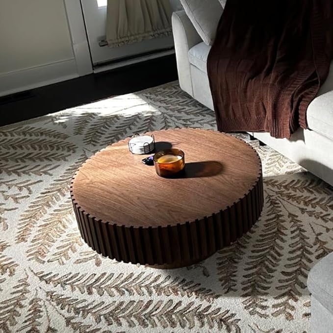 ø39.37'' Walnut Round Coffee Table Contemporary Wood Circle Coffee Table with Fluted Pedestal Centry Table for Living Room, Easy Assembly