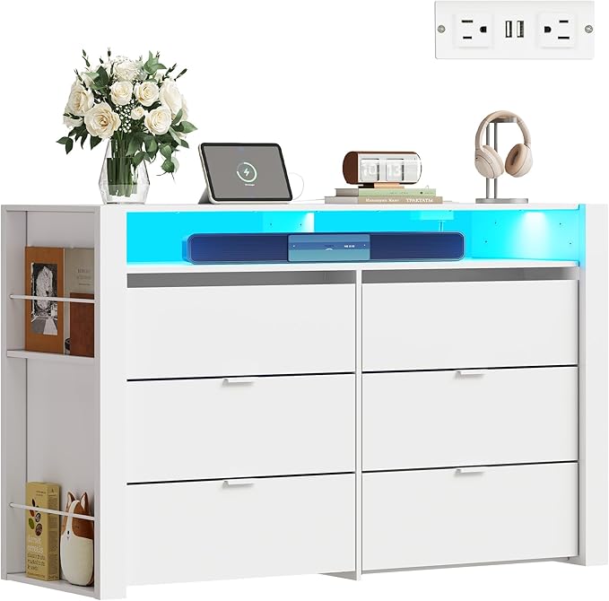 WLIVE 6 Drawer Led Dresser for Bedroom, 51" White Wood Dresser Storage Organizer with Charging Station for 55" TV, Dressers with Open Shelves, Hanging Rack, Chest of Drawers for Closet, Living Room