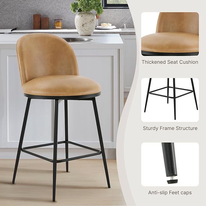 26" Counter Height Swivel Bar Stools Set of 4, Upholstered Faux Leather Barstools with Backs and Metal Legs for Kitchen Island,Brown