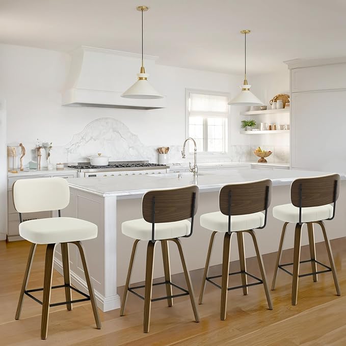 Bekrvio Swivel Counter Height Bar Stools Set of 4, 26" Upholstered Faux Leather Barstools with Back and Bent Wood Legs, Mid Century Modern Bar Chair Island Stool for Kitchen Counter, Cream White
