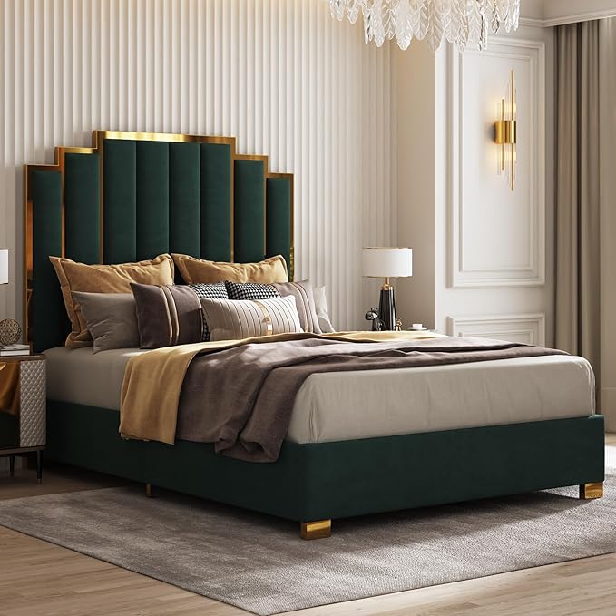 AMERLIFE Queen Size Upholstered Bed, Modern Velvet Bed Frame with 61.4” Tall Gold Trim Headboard, No Box Spring Needed, Green