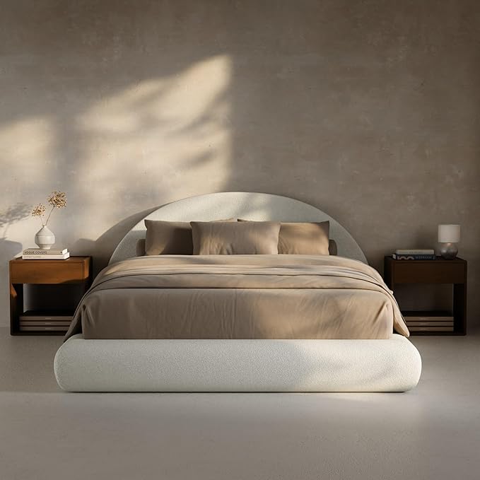 RECCI AirFrame Half-Moon Upholstered Queen Platform Bed Frame, Boucle Curved Arched Base with Headboard, 5 Inch Fully Round Cushioned Foam, No Box Spring Needed, Easy Assembly | Round Shaped, Boucle, Low-profile, Soft