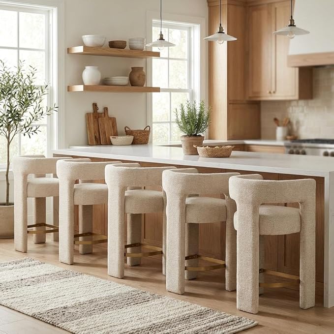 Jofran Gwen Natural Upholstered Counter Stool with Arms – Versatile Barstools – Stylish Seating for Kitchen Dining Room or Home Bar, Natural, Modern Counter Stools, Set of 6