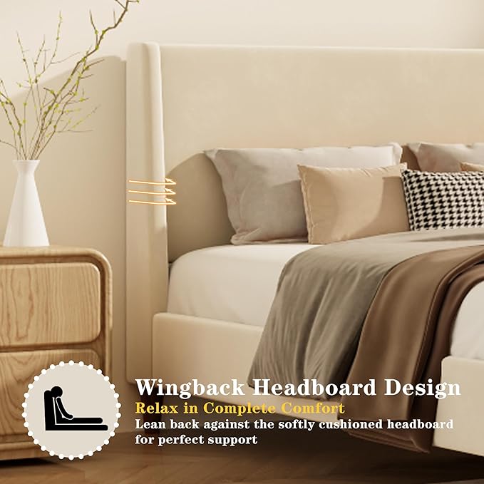 King Size Upholstered Platform Bed Frame, Modern Wingback Bed with Headboard, Upholstered Bed Frames with Walnut Wooden Legs, No Box Spring Needed/Easy Assembly, Beige Velvet