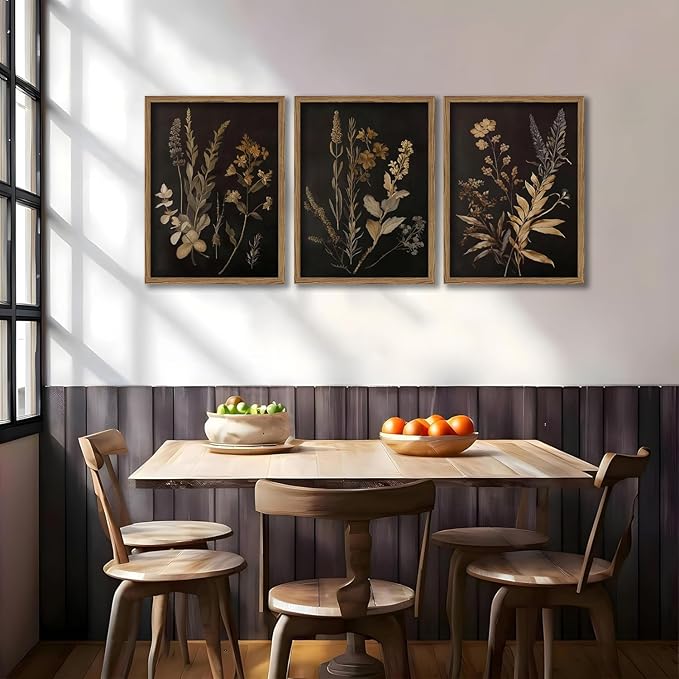 Yudinbin Vintage Dark Botanical Canvas Wall Art Set of 3 Moody Floral Prints with Wood Frame Dark Plant Academia Aesthetic Gallery Painting Wall Decor for Living Room Bedroom or Office 16x24 Inch