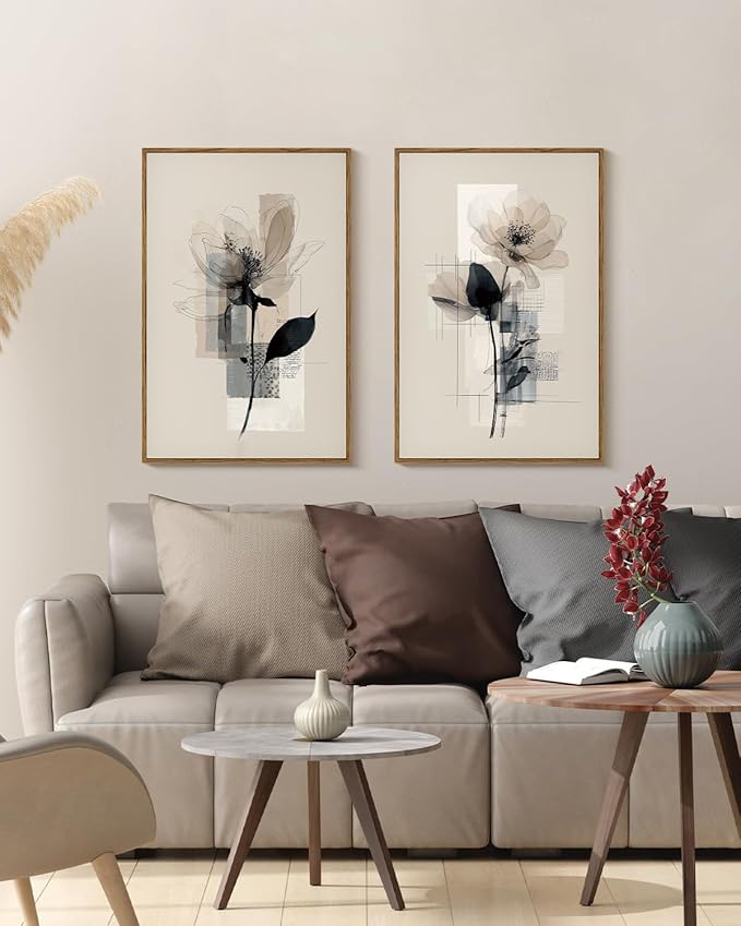 HUARCEY Large Modern Abstract Flower Wall Art Framed Canvas Set of 2, 16"x24" Minimalist Floral Paintings Artwork 2 Piece, Contemporary Neutral Tones Bedroom Living Room Kitchen Home Decor