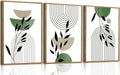 Bwodke Boho Wall Art, Framed Abstract Wall Art, Line Plants Leaf Canvas Wall Decor, Mid Century Sage Green Geometric Pictures Set of 3, Minimalist Paintings, for Bedroom Living Room Bathroom 12"x16"