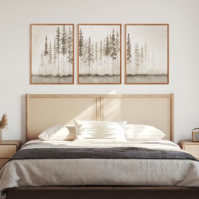 HPINUB Large Misty Forest Framed Canvas Wall Art Set, (Set of 3,12X16 Inch) Modern Foggy Pine Tree Wall Decor, Nature Landscape Wall Painting, Abstract Foggy Forest Art Print for Living Room, Office