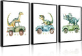 Dinosaur Nursery Wall Art Kids Canvas Poster Baby Boy Nursery Wall Decor Green Dino Pictures Toddler Prints Cartoon Dino Car Painting Boys Room Artwork for Bedroom Bathroom 16x24x3 Inch Unframed