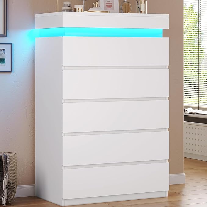 HAUOMS Tall 5 Drawer Dresser with LED Light, White Modern Chest of Drawers for Bedroom,Closet Dressers with Drawers for Living Room, Entryway, Hallway