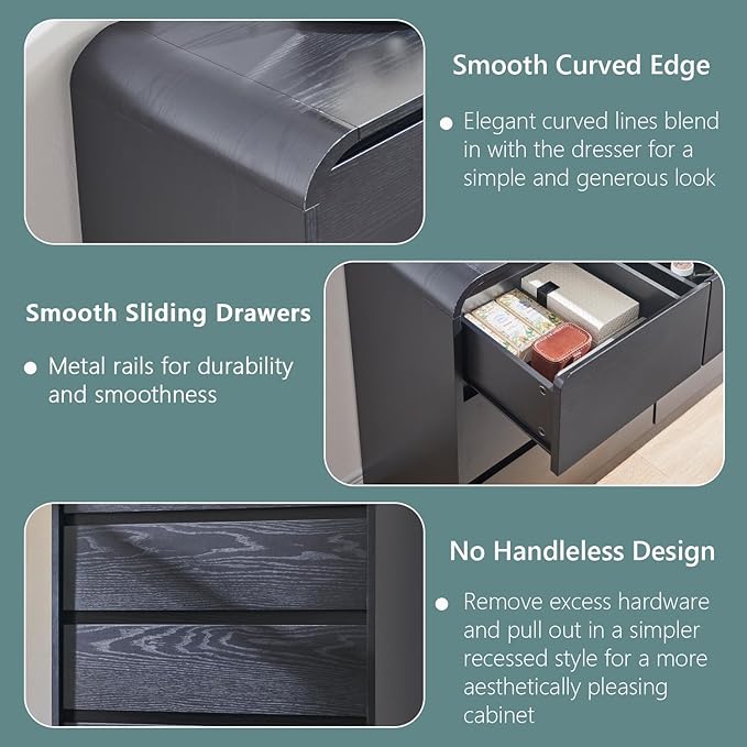 Aitjunz Modern 7 Drawers Dresser for Bedroom, 47" Wide Wood Dressers & Chests of Drawers w/Curved Profile Design, Mid Century Modern Dresser w/Natural Texture for Bedroom, Living Room, Black