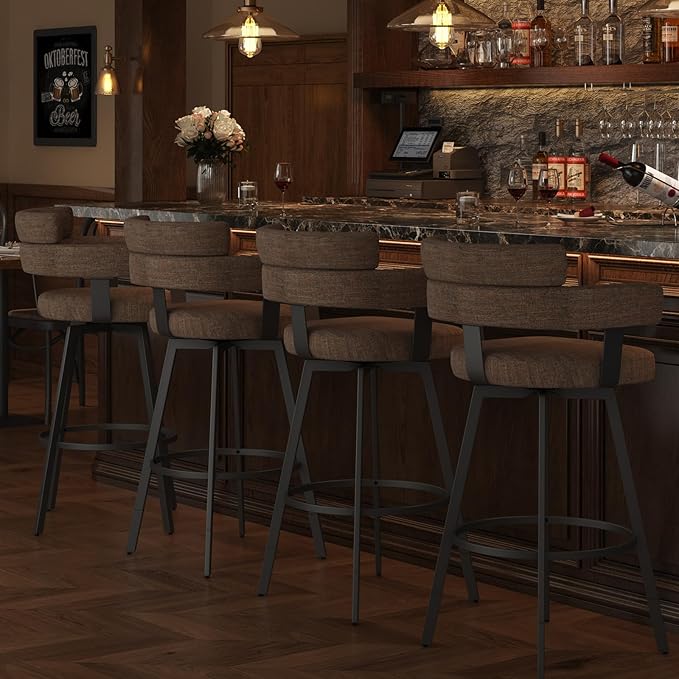 30 Inch Bar Stools Set of 2 with Full Back, Swivel Bar Chairs with Linen Padded Back, Metal Footrest, Modern Bar Height Stools for Kitchen Island, Dining, Living Room, Brown
