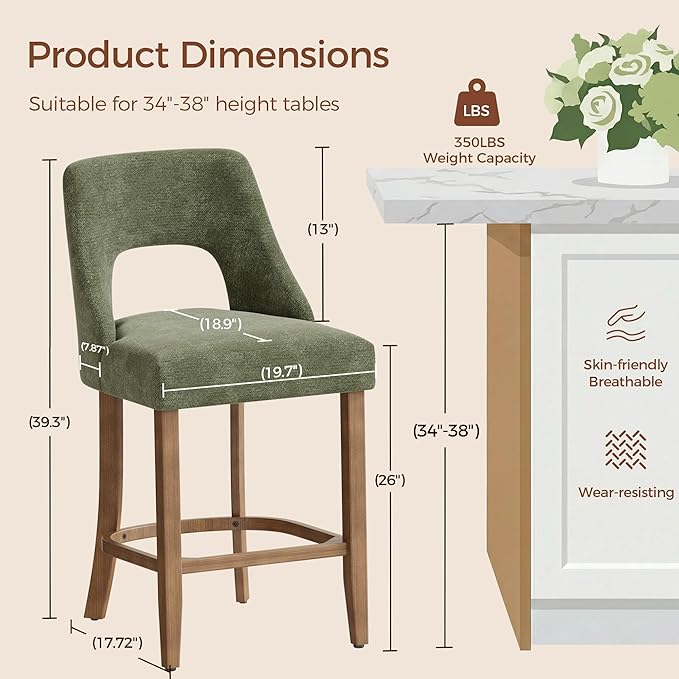 UVV Bar Stools Set of 6, Upholstered Counter Height Bar Stools, Modern Counter Stools with Wood Legs for Kitchen Island Dining Room Bar, Green