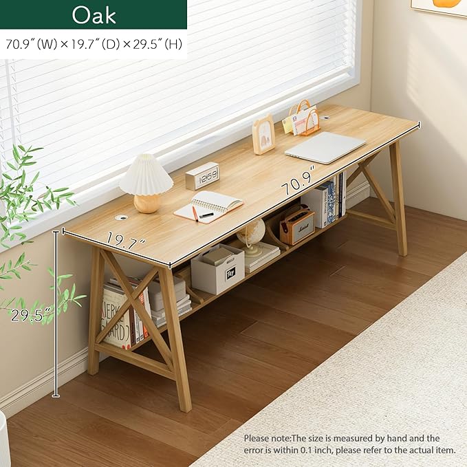 NELYE Extra Long Desk with Bookshelf - Wooden Home Office Work Study Table, 2-Person Writing Computer Workstation with Storage Shelf in Oak, 71" Wx20 Dx30 H