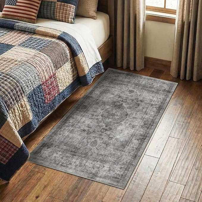 Homemate Washable Rug 3x5 Area Rugs - Vintage Faux Wool Rugs for Living Room Bedroom Dining Room - Non Slip Foldable Carpet Indoor Area Rug for Home Decor（3'x5', Black