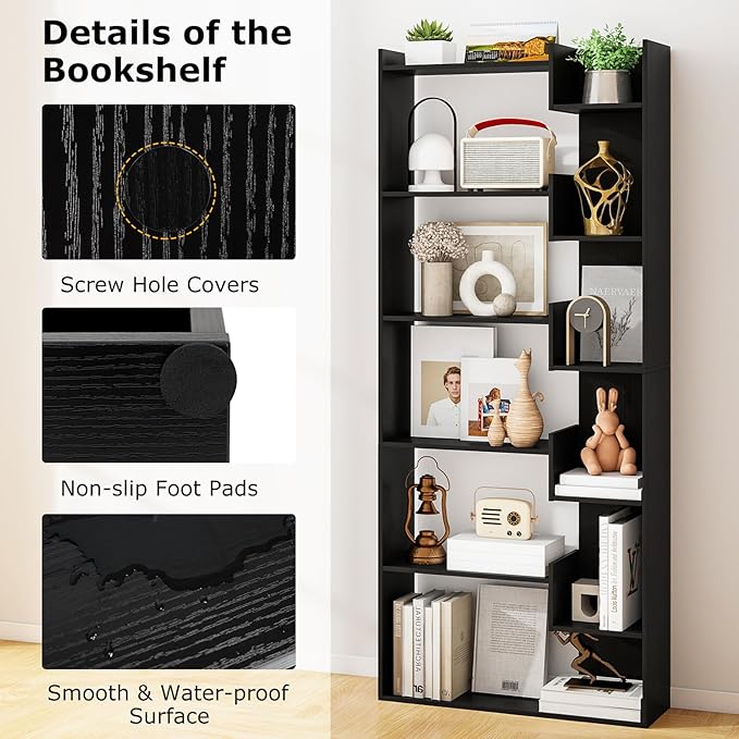 Tangkula 6-Tier Bookshelf, 64”H Tall Open Bookcase with Anti-Tip Kits, Home Office Free-Standing Wood Room Divider Display Book Shelf, Modern 11-Shelf Storage Rack for Study, Living Room (2, Black)
