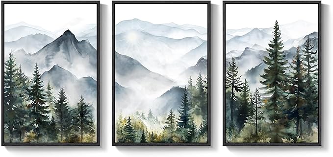 Framed Mountain Landscape Wall Art for Living Room, 3 Piece Nature Foggy Forest Canvas Artwork for Walls, Scenic Pine Tree Paintings Print Wall Decor for Bedroom Hallway Office Dining Room, 16x24 Inch