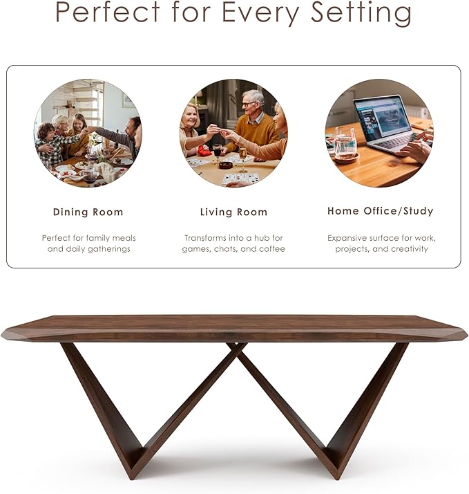 Furniture of America Nazaen III 82.5" Mid-Century Modern Solid Wood Live Edge Dining Table with Steel Support, Walnut Finish, Seats 6–8