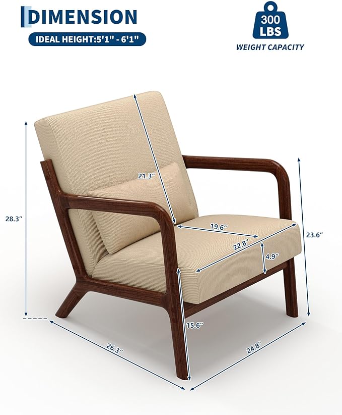 Garvee Mid-Century Modern Accent Chair, Fine Wale Corduroy Upholstery, Solid Wood Armchair with Removable Lumbar Pillow, Sturdy Reading Chair for Living Room, Bedroom, Guest Room, Easy Assembly, Brown