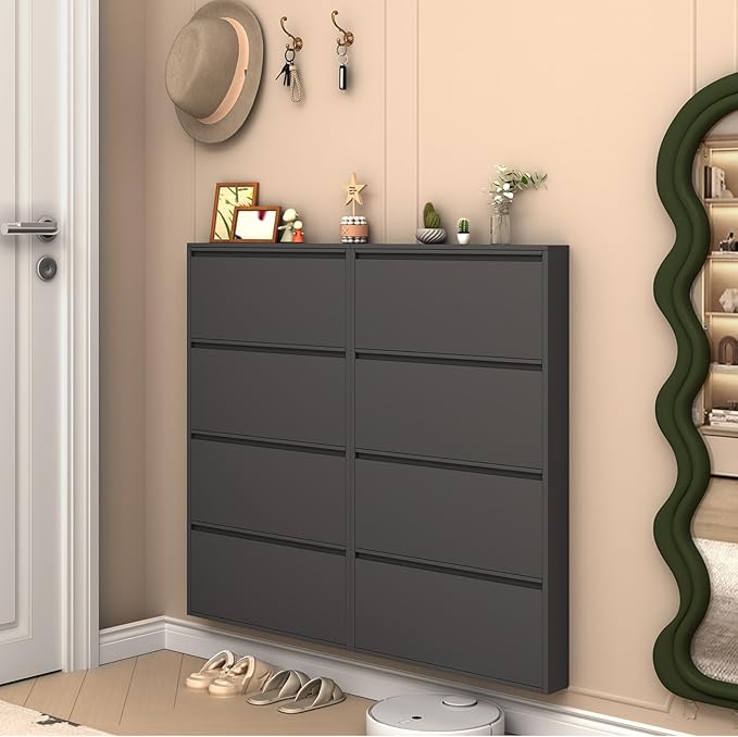 LUCYPAL Shoe Cabinet with 4 Flip Drawers,Slim Shoe Storage Cabinets for Entryway,Black Narrow Wall Shoe Cabinet for Hallway,Living Room, Bedroom