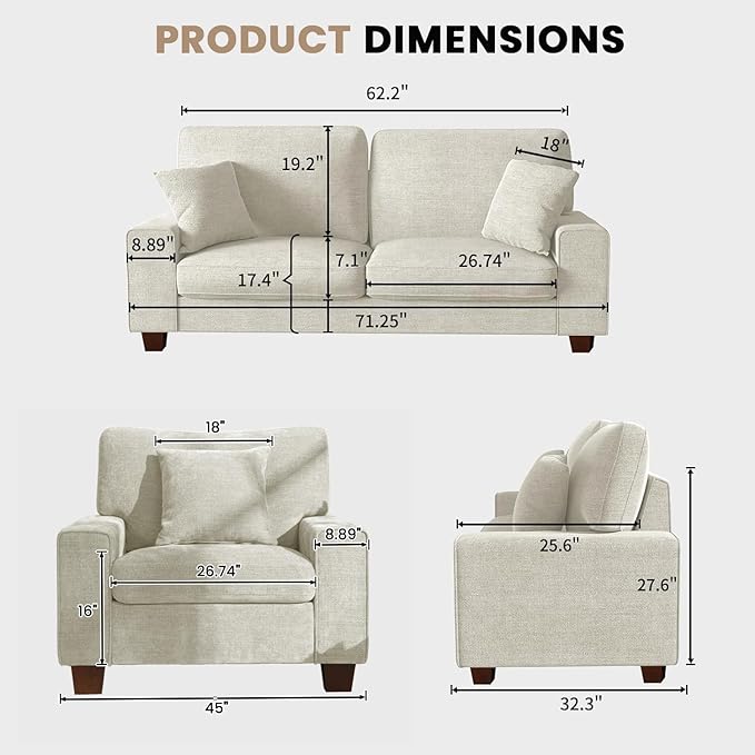 DOPEDIO Modern Living Room Sofa Set, 71.25" Chenille Loveseat with 2 Accent Chairs, Removable Covers, Spring Cushions, Solid Wood Frame, Easy Assembly（71.25inch+2 Single,Beige）