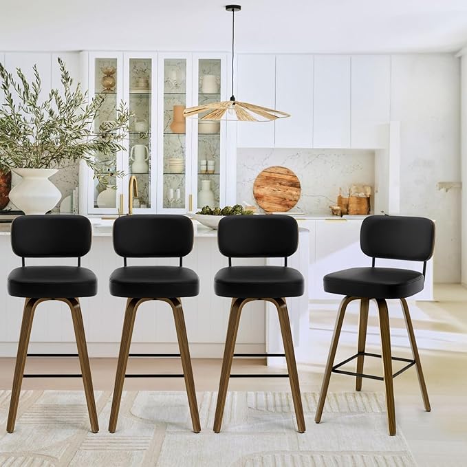 Bekrvio Swivel Bar Stools Set of 4, 29" Upholstered Faux Leather Barstools with Back and Bent Wood Legs, Mid Century Modern Bar Chair Island Stool for Kitchen Counter, Black