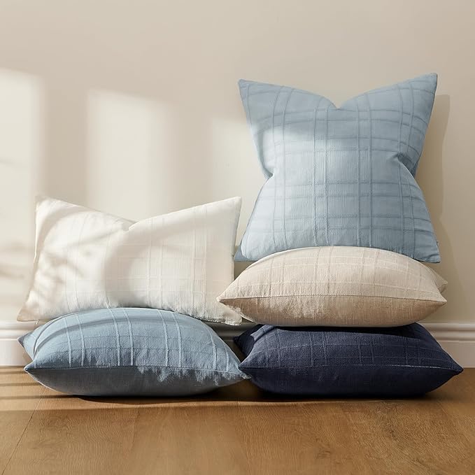 MIULEE Decorative Linen Check Throw Pillow Covers Neutral Farmhouse Vintage Pillow Covers 18x18 Set of 2 Boho Modern Home Decor for Sofa Couch Bedroom Cushion Deep Blue