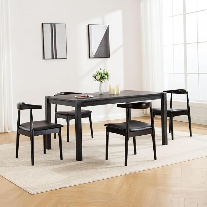 ROCITY Black Dining Chairs Set of 2 Leather Kitchen Chairs with Wood Legs and Barrel Backs, Mid Century Modern Dining Room Chairs