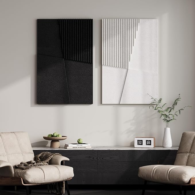 Large 3D Textured Black and White Abstract Wall Art for Living Room, 2 Piece Modern Geometric Paintings Artwork for Walls, Minimalist Balck White Pictures for Dining Bedroom Hallway Wall Decor 24x36 In