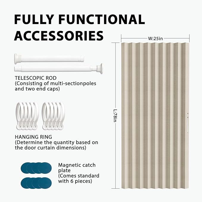 Jilron Accordion Door Curtain Set - 100% Blackout, with Curtain Rod Included, for Bedroom Privacy Protection (Off white-43 W x 78" L+Rod)