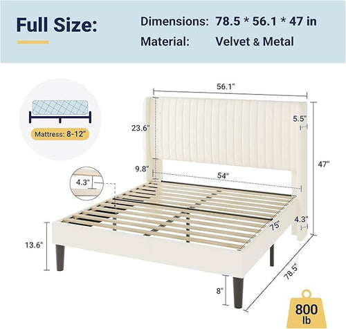 Allewie Full Size Velvet Bed Frame/Vertical Channel Tufted Wingback Headboard/Upholstered Platform Bed/Strong Wooden Slats/No Box Spring Needed/Easy Assembly/Cream White