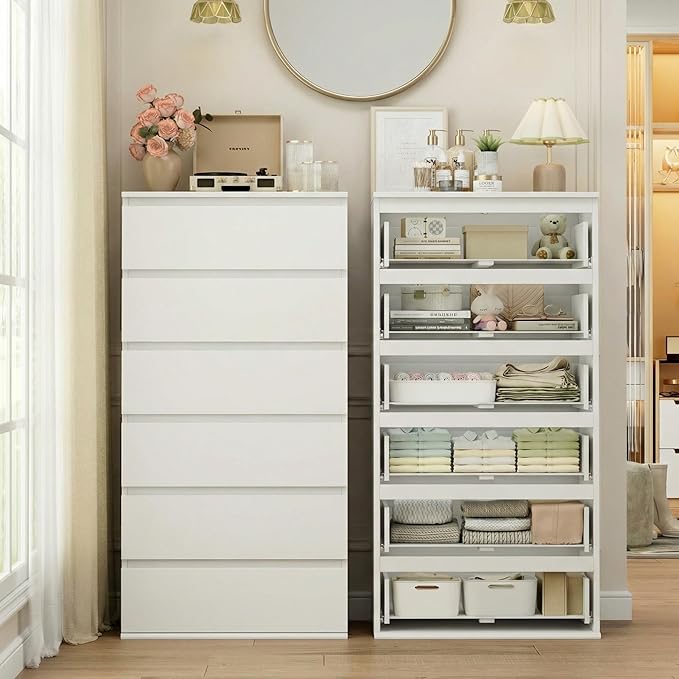 FOTOSOK White Dresser, 6 Drawer Dresser, Modern Tall Floor Storage Cabinet with Metal Sliding Rail, Wooden Handleless Drawer Cabinet, 6-Layer Large Capacity Vertical Dressers for Home & Office