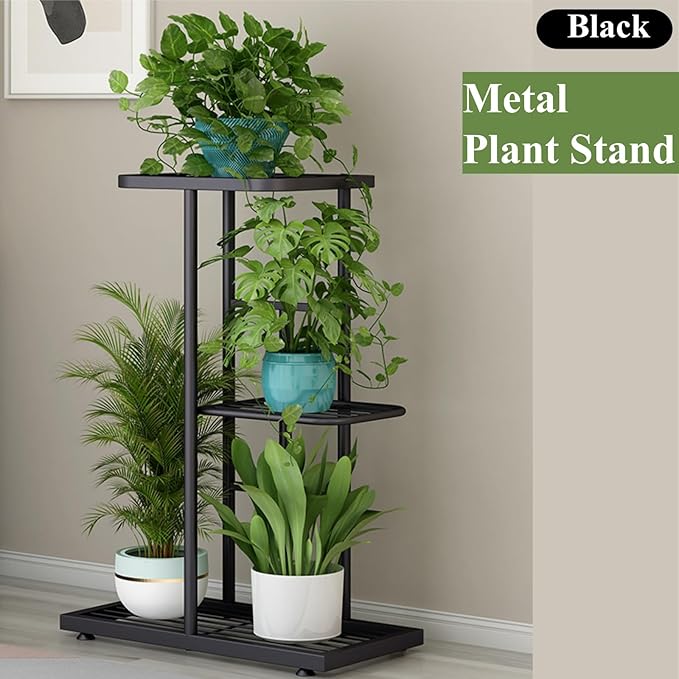 Plant Stand Metal 3 Tier 4 Potted Multiple Flower Pot Holder Shelf Indoor Outdoor Planter Display Shelving Unit for Patio Garden Corner Balcony Living Room (Gray)